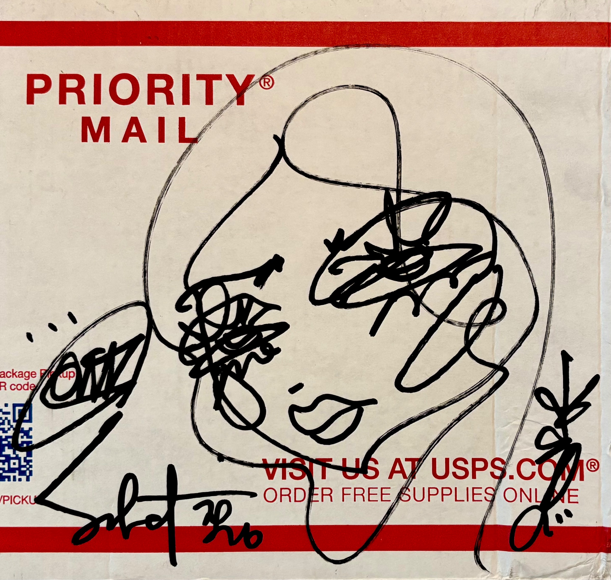 “The Wink” ~ black ink on corrugated fiberboard (USPS Box) 2026 Sabet